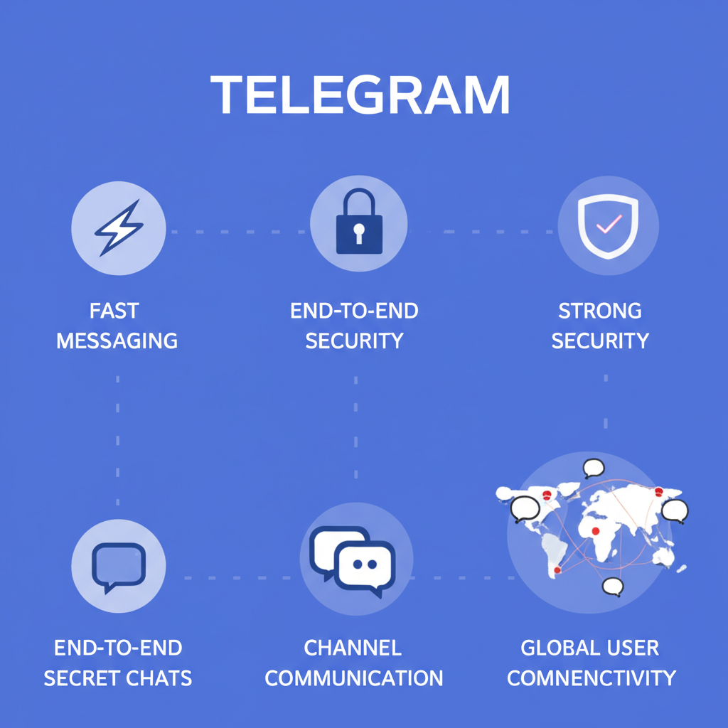 Telegram 核心功能插圖:快速通訊、端對端加密秘密聊天、大型群組與頻道、全球用戶連結
