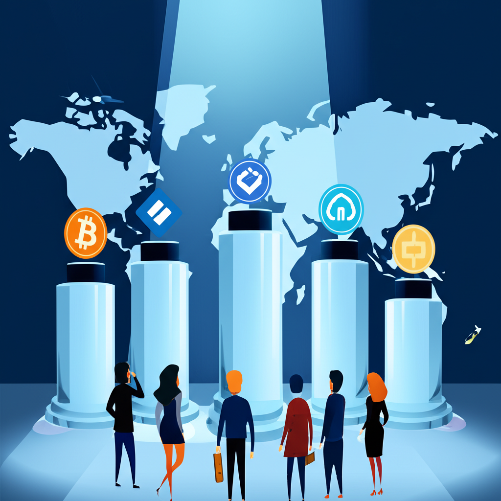 五座獨立的台座上分別展示五大主流加密貨幣交易所的標誌,背景為世界地圖,象徵其全球影響力,周圍有來自不同地區的投資人關注
