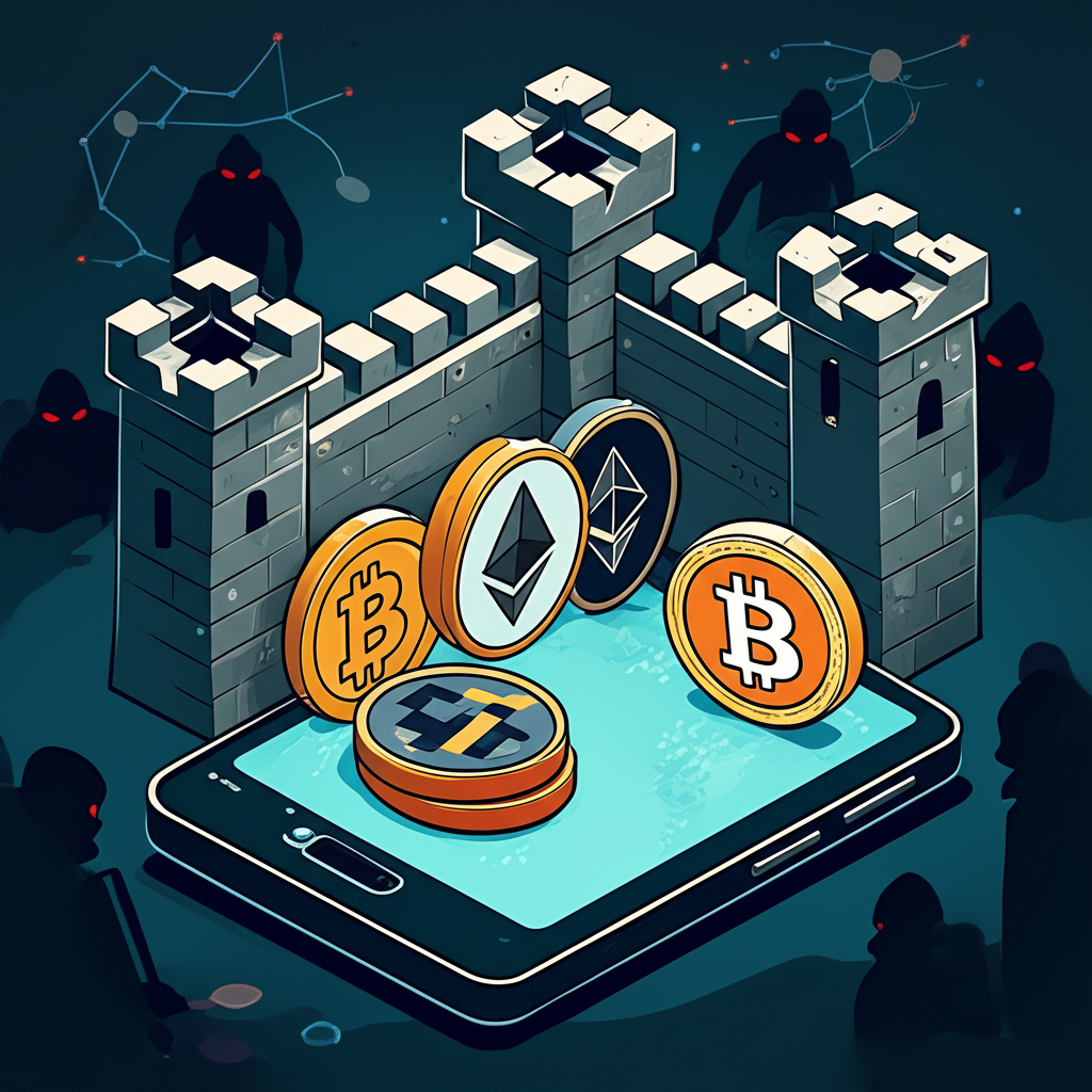 插圖:實體 Ledger 裝置如同一座堅固堡壘,保護各種加密貨幣圖示免受數位威脅與駭客攻擊,清楚展示與網路的物理隔離