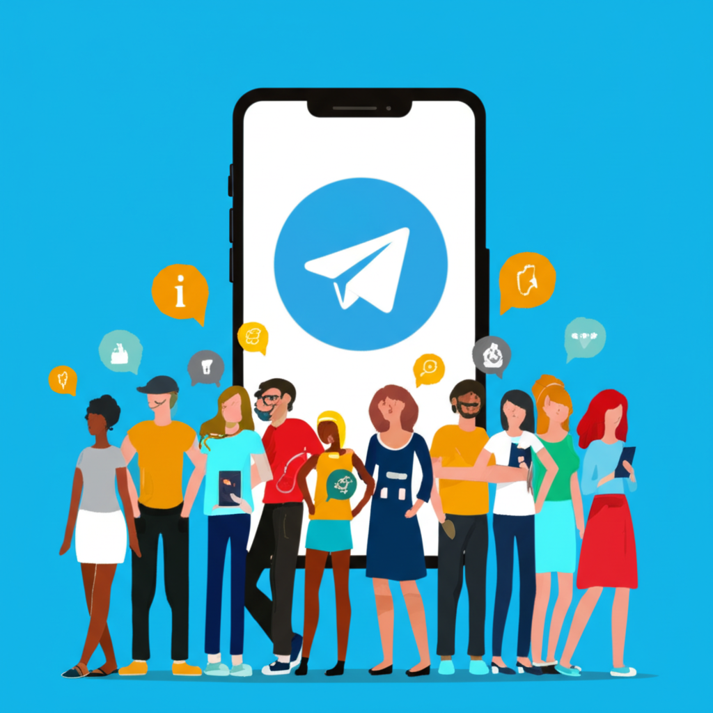 插畫：一群來自華人網路世界的多元人物使用Telegram，紙飛機圖標象徵著在數位挑戰與隱私擔憂中進行神秘加密通訊與資訊共享