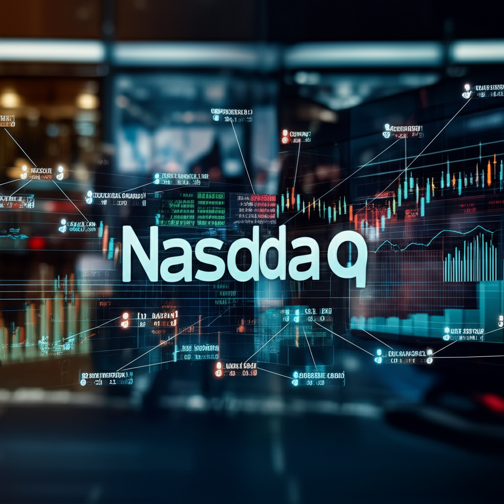 illustration of a dual identity concept with the NASDAQ logo transforming between a bustling electronic stock exchange interface and a powerful financial index chart futuristic digital lines connecting brokers and companies showcasing an innovative electronic trading system