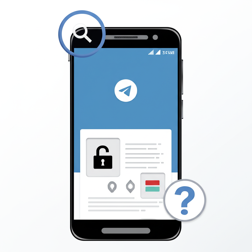 使用者在智慧型手機上操作 Telegram 應用,頂端顯示放大鏡圖示,正在搜尋頻道,但遇到鎖定的私人頻道圖示和問號,象徵搜尋限制