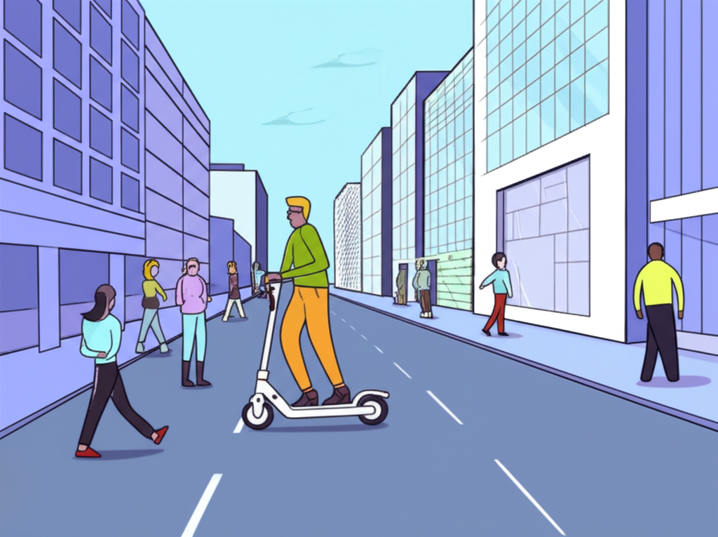 illustration of a modern city street with a person riding a sleek electric scooter past diverse commuters and buildings representing sustainable urban mobility and a smart lifestyle