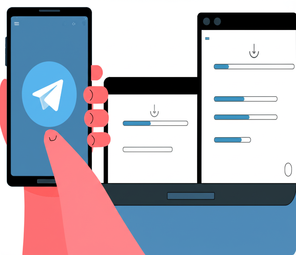 智慧型手機顯示 App Store 和 Google Play 圖標,手指點擊安裝 Telegram,旁邊平板電腦展示 Telegram 官方網站用於 APK 下載
