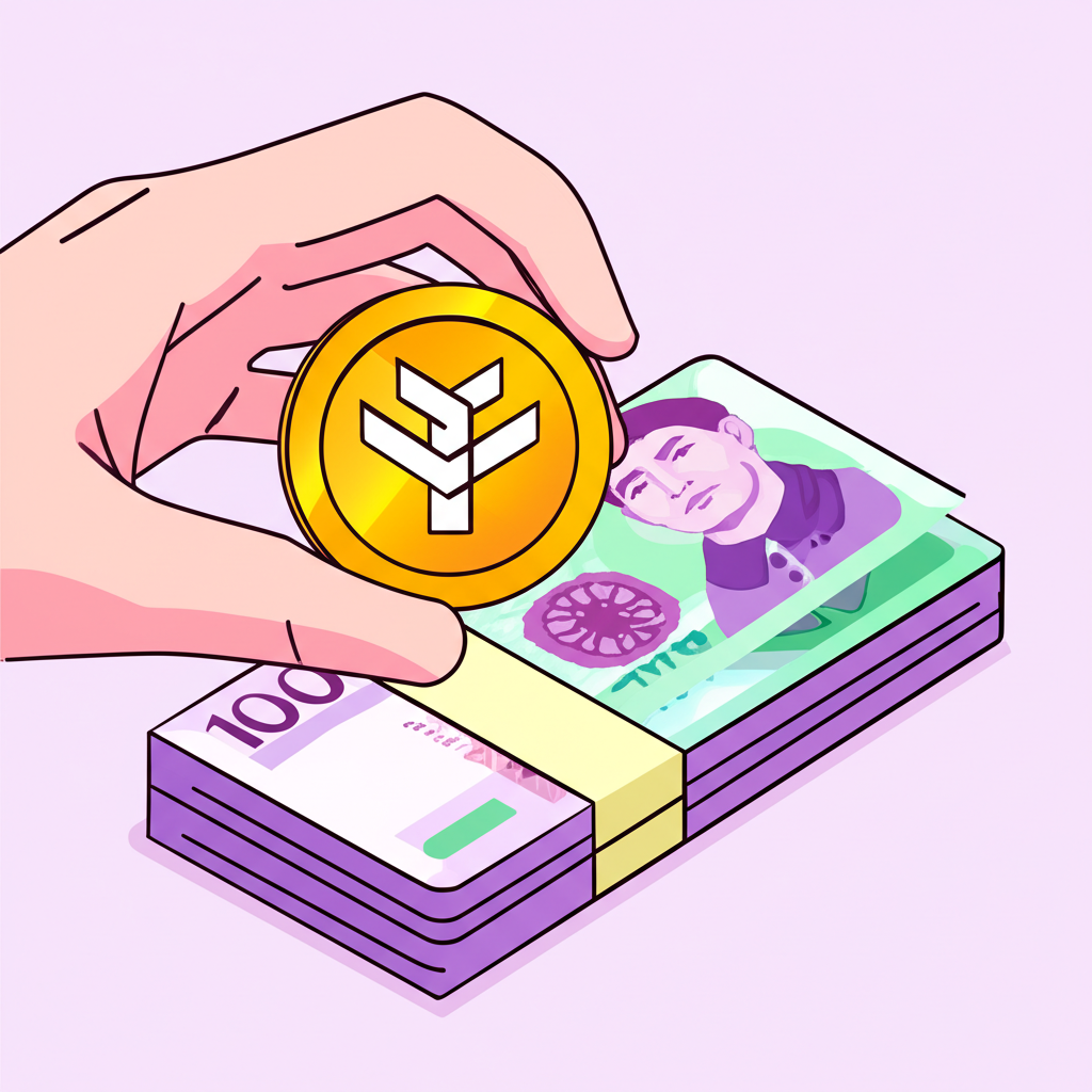 USDT轉換為台幣的過程插圖,展示持有USDT幣與台幣鈔票的場景,象徵獲利實現、日常消費與資金調度
