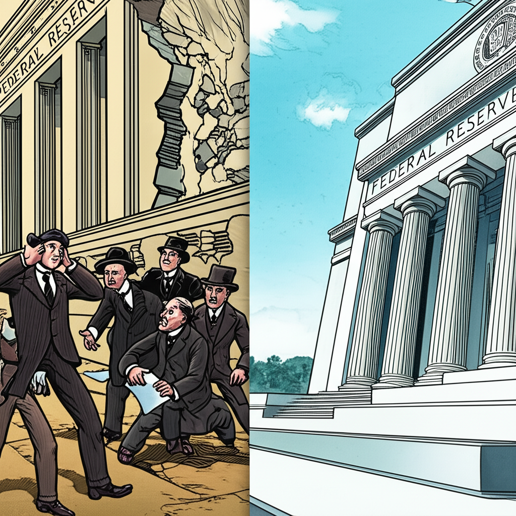 20世紀初金融恐慌的混亂場景，與聯邦準備理事會建築的平穩出現對比，象徵穩定與新時代的金融體系