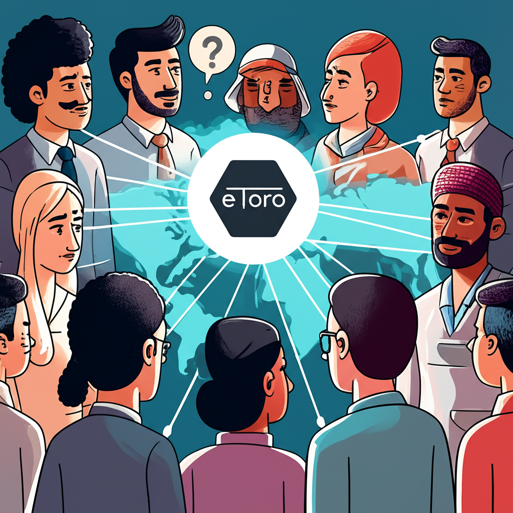 全球投資者使用eToro社群交易平台的插圖，台灣上方有監管不確定性問號