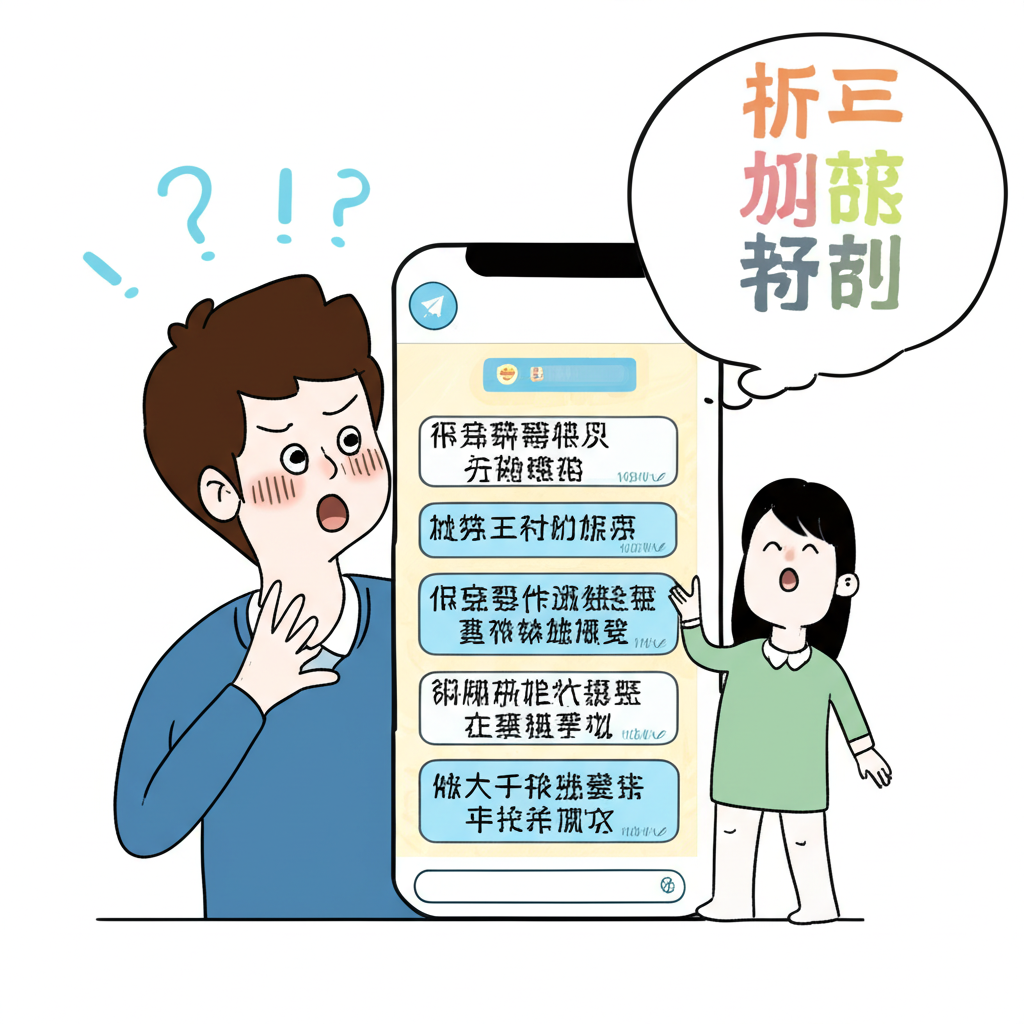 插圖:一個人困惑地看著滿是英文的 Telegram 介面,上方冒出想著中文的對話框,一位友善的導師出現協助