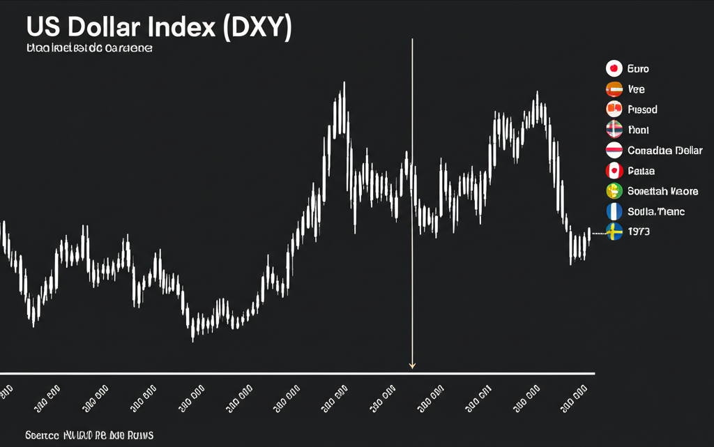 美元指數 DXY 圖表顯示貨幣權重,包括歐元、日圓、英鎊等,以及 1973 年基準