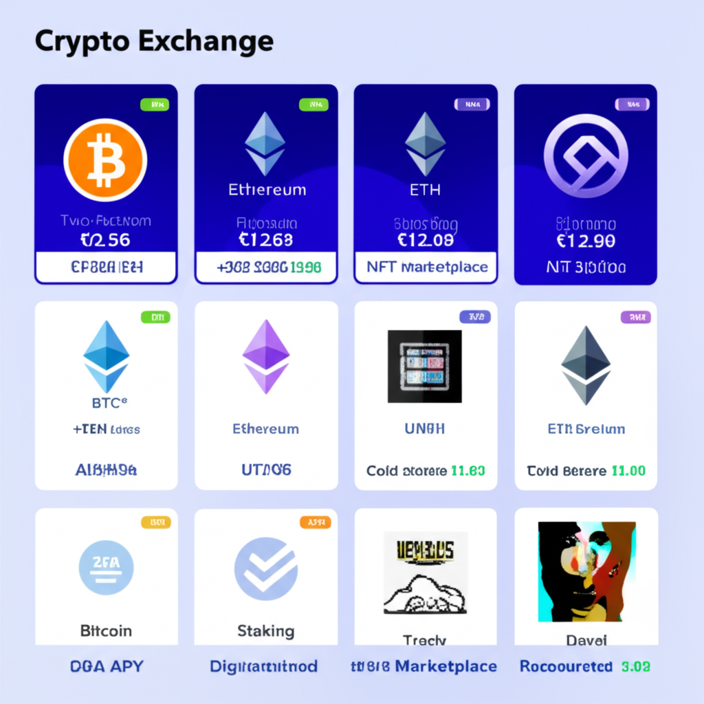 幣安交易所介面示意圖,包含BTC、ETH等主流幣種,並標示兩步驟驗證、冷錢包儲存與質押等功能