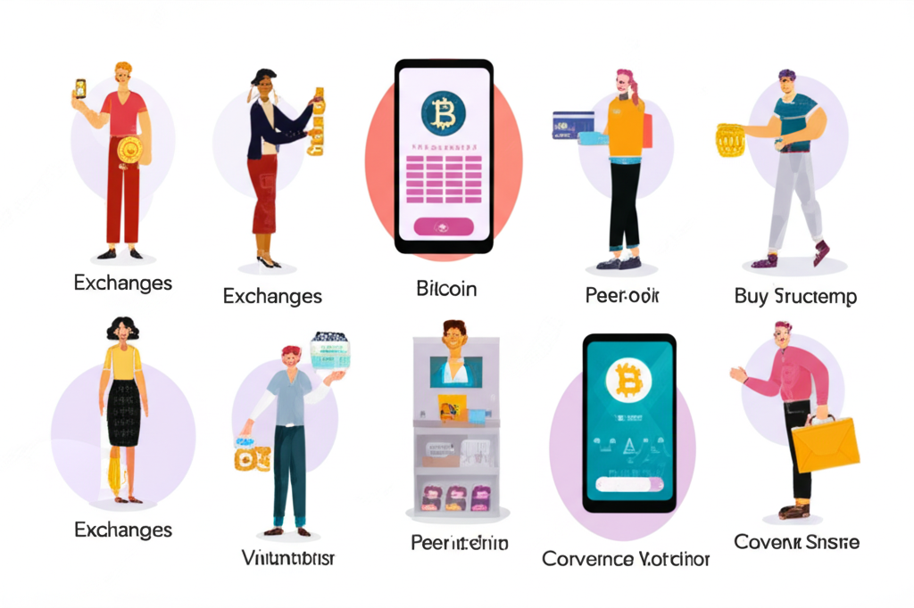 一群人使用不同方式購買比特幣，包括手機交易、ATM、P2P握手與超商櫃檯