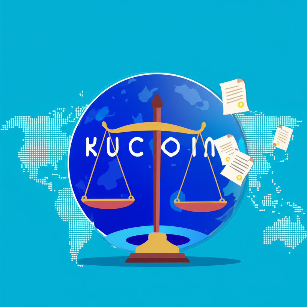 An illustration of a global cryptocurrency exchange KuCoin with scales of justice and legal documents symbolizing its ongoing controversies and regulatory challenges