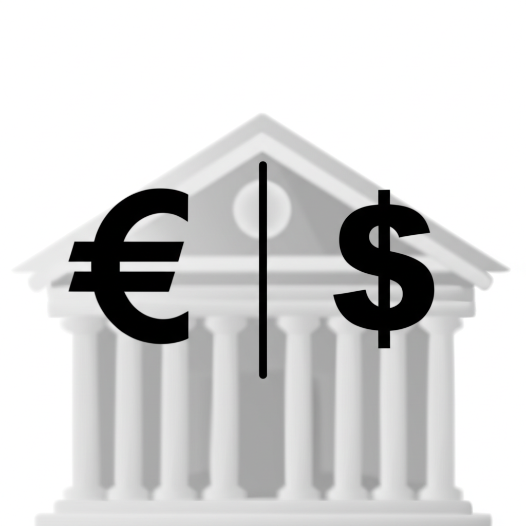 兩個貨幣符號分隔線,背景銀行建築,象徵即期匯率與現鈔匯率的根本差異