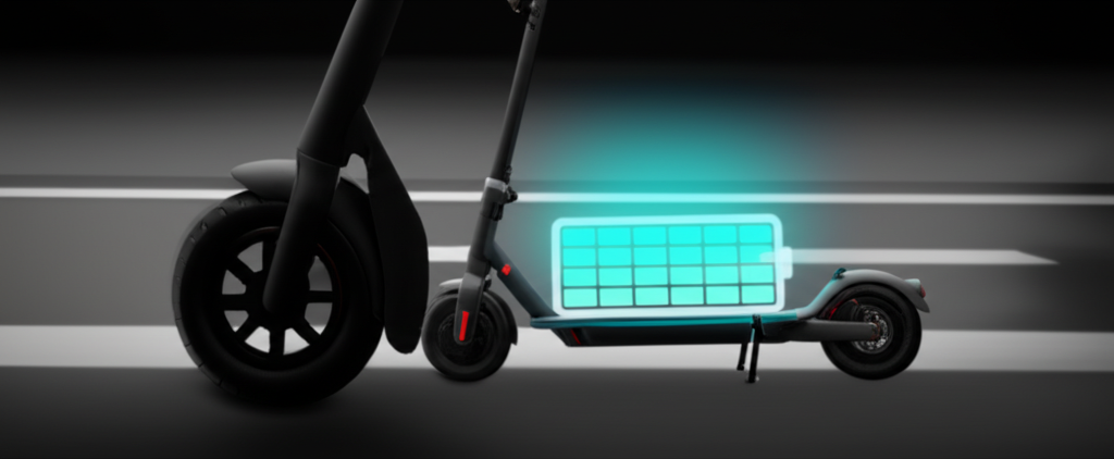 illustration of an electric scooter's battery compartment glowing with energy bars and a long winding road indicating extended range and efficient power for daily commutes