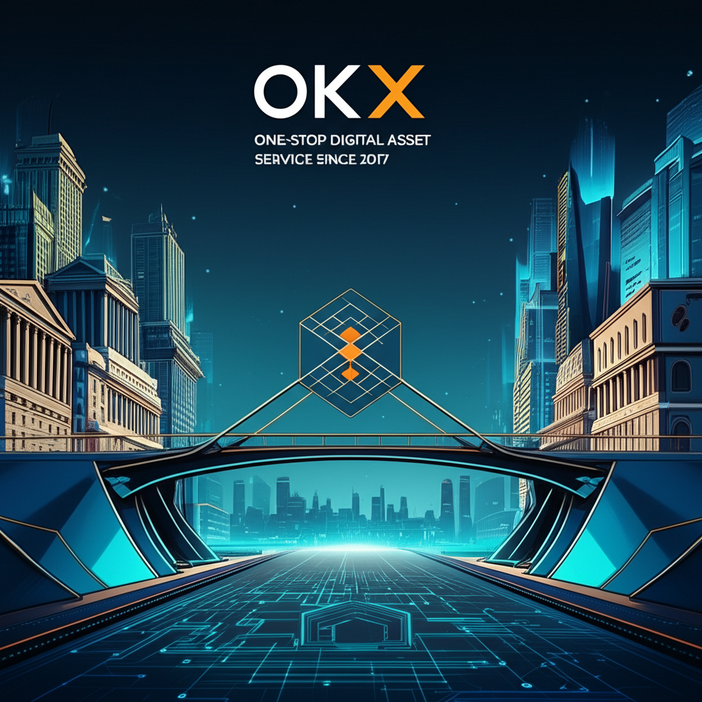 連接傳統金融大樓與未來區塊鏈世界的動感橋樑,OKX標誌突出,象徵自2017年以來的創新與一站式數位資產服務