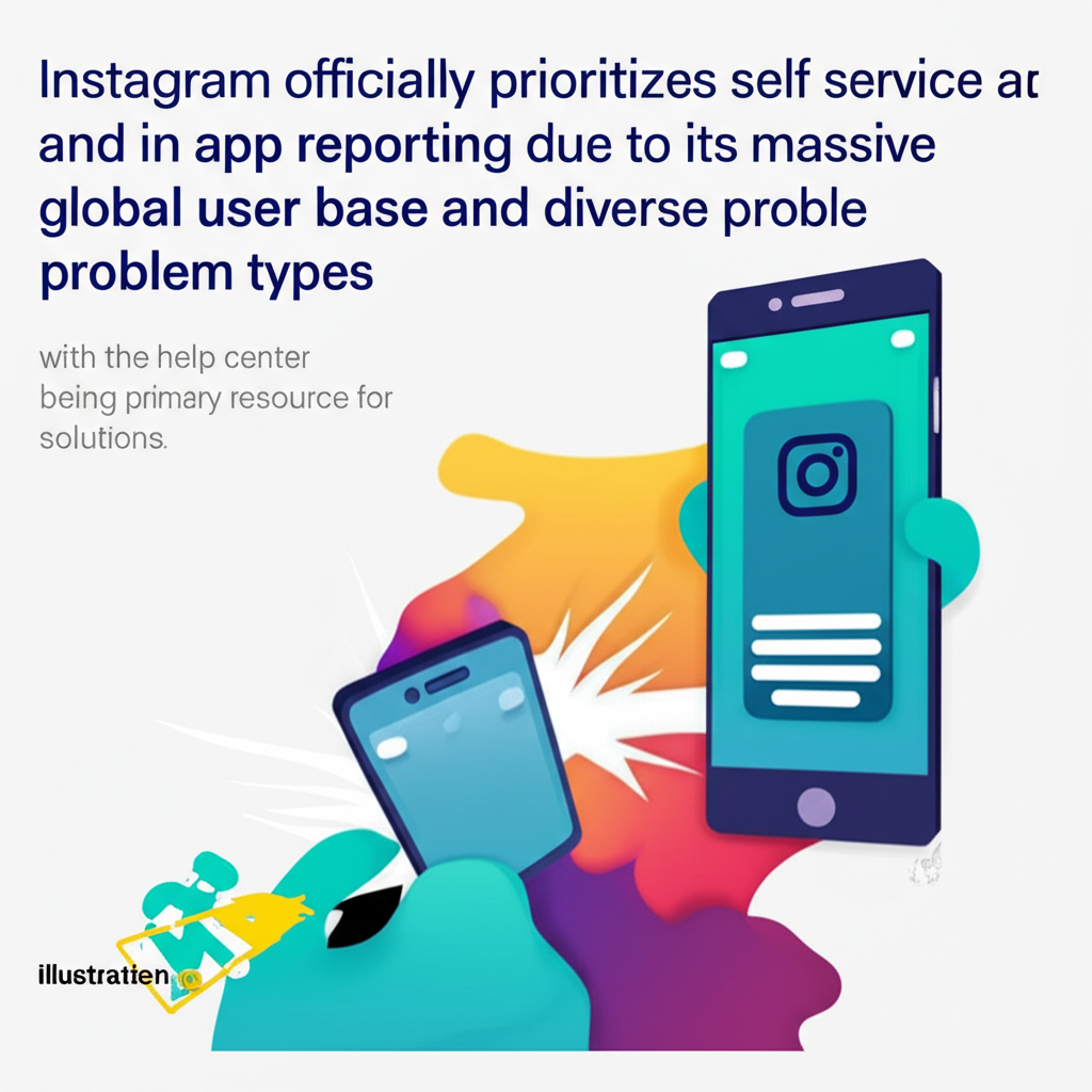 Instagram官方優先自助服務和應用內回報,因其龐大全球用戶群和多樣問題類型,幫助中心為主要資源插圖