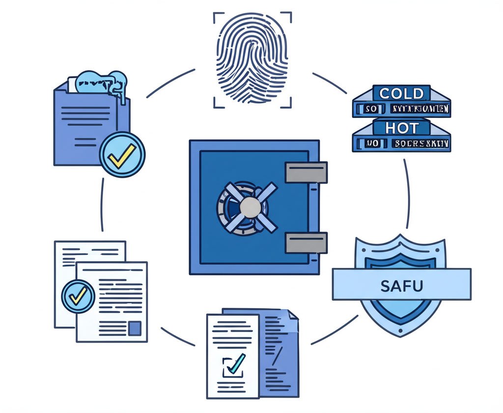 數字安全層級插圖，包括冷熱錢包保險庫、標有SAFU的盾牌、指紋臉部掃描用於多重驗證，以及KYC AML文件保護用戶資產