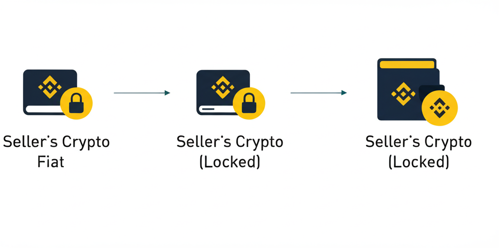 A step by step illustration of the C2C escrow mechanism where a sellers crypto is locked a buyer transfers fiat and then crypto is released by Binance an illustration