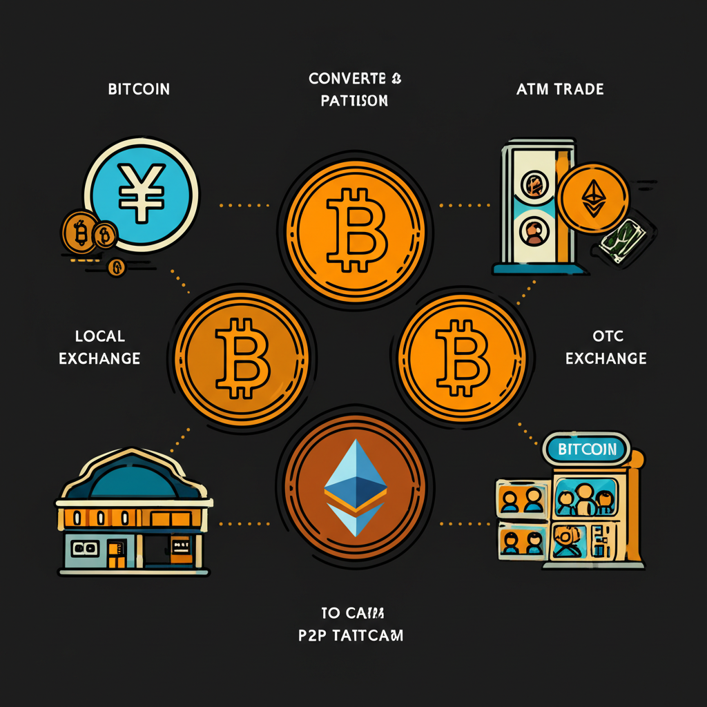 台灣比特幣換現金的四大主流管道插圖，包括在地交易所、國際平台、P2P交易與OTC攤位