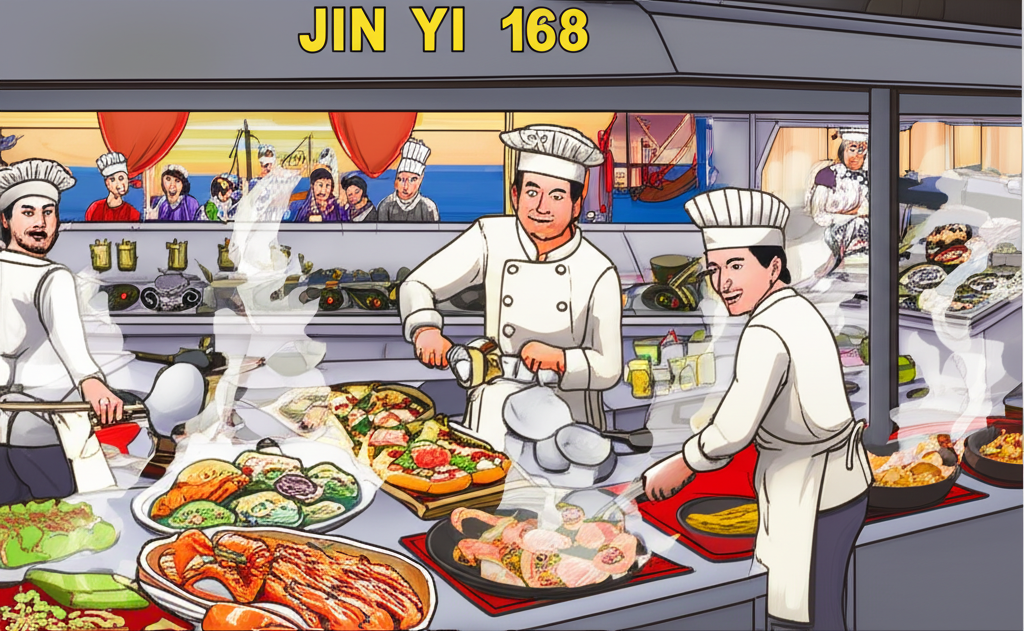 金益168餐廳忙碌廚房,廚師翻炒清晨漁船帶來的新鮮海鮮,營造出香氣四溢的台式熱炒氛圍