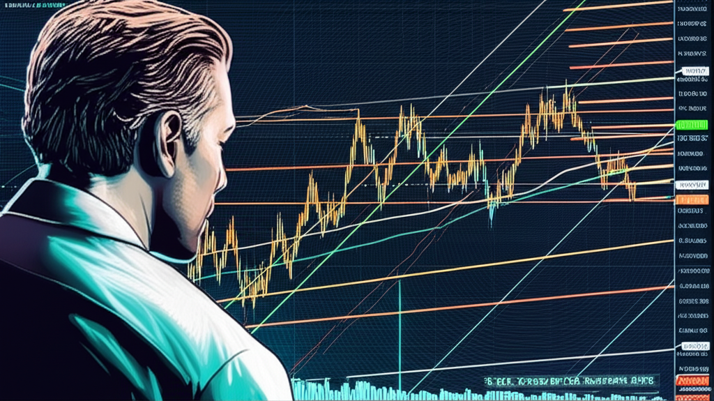 交易者分析帶有斐波那契回調線的財務圖表,背景融入黃金比例螺旋象徵市場支撐與阻力