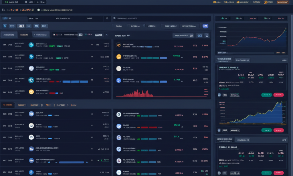 An illustration of a comprehensive cryptocurrency trading platform showing diverse coin pairs leverage options and financial products like staking lending and trading bots