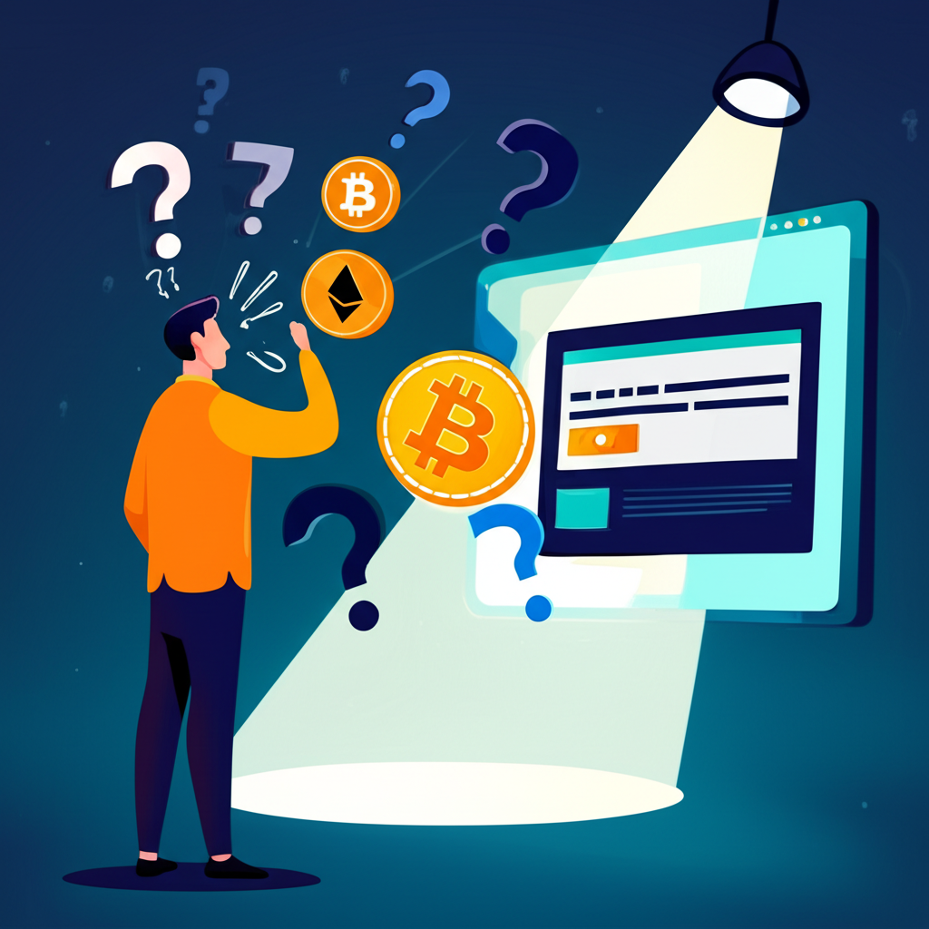 一位困惑的投資者被問號和加密貨幣符號包圍，聚光燈照在一個安全的交易平台，象徵對Bitget真實性的探索