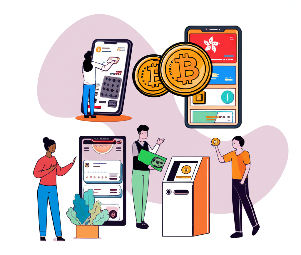 台灣與香港地區購買比特幣的多元途徑插畫，包含交易所、超商與點對點交易