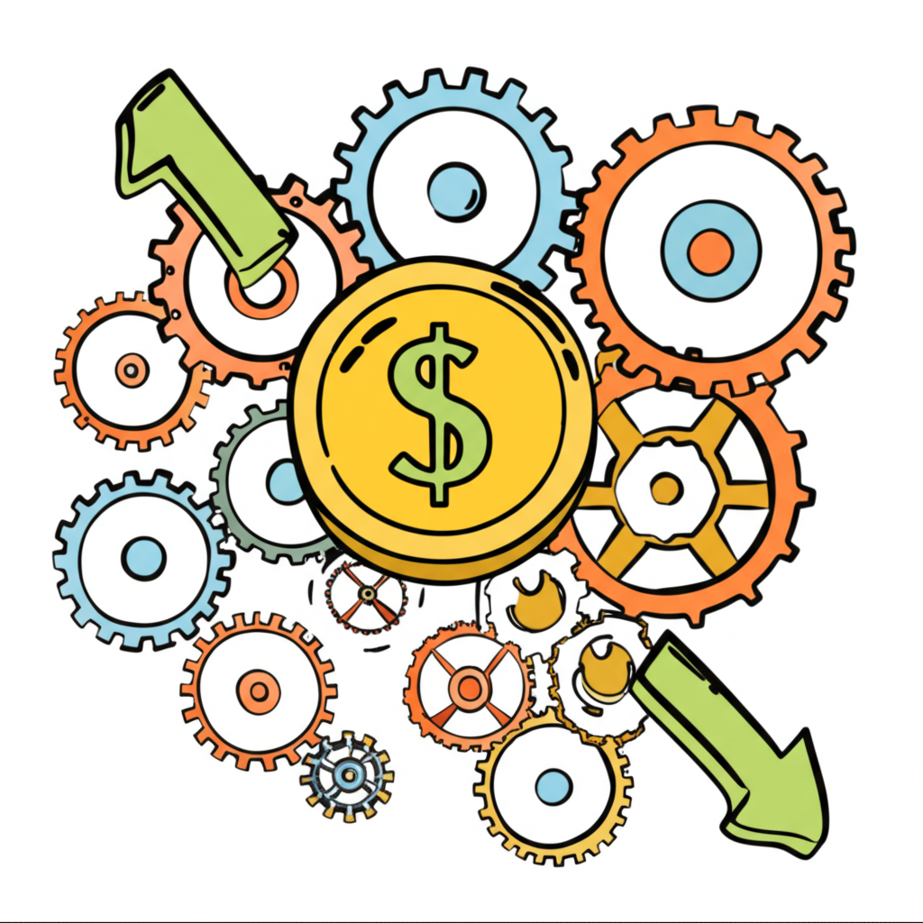 複雜齒輪與齒輪代表宏觀經濟和地緣政治因素影響大型美元幣的圖示，箭頭顯示漲跌趨勢