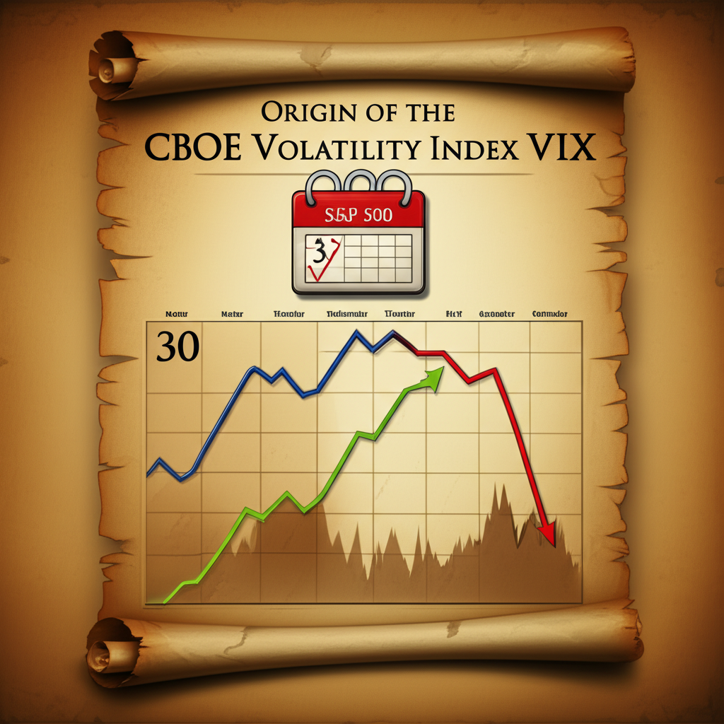 CBOE VIX指數起源歷史捲軸插圖,顯示30天日曆及S&P 500圖表,抽象表現市場恐懼與平靜的VIX漲跌