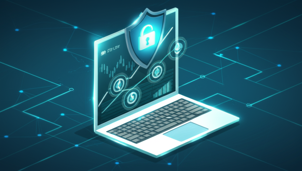 Secure online trading with digital currencies, illustration style.