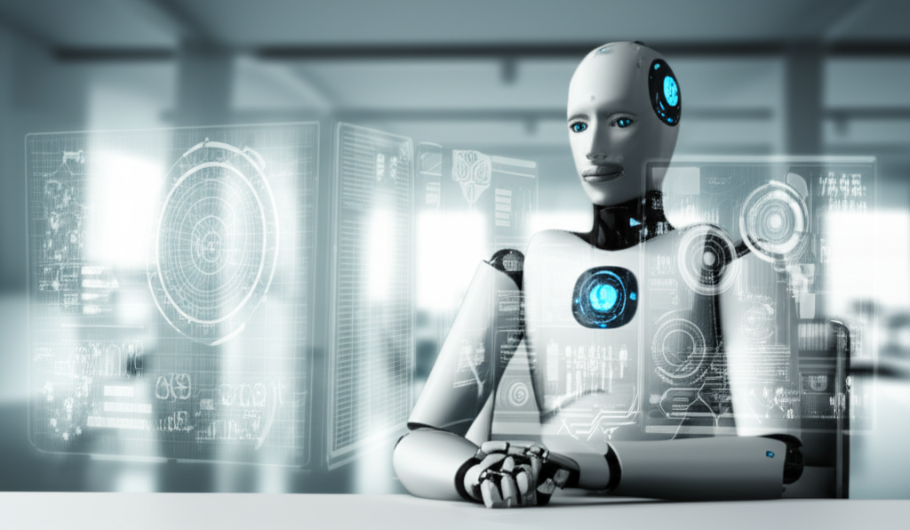 一位專業的 AI 機器人身處現代數位辦公室,準備擔任 SEO 內容策略專家與語意分析師,背景包含資料視覺化圖表