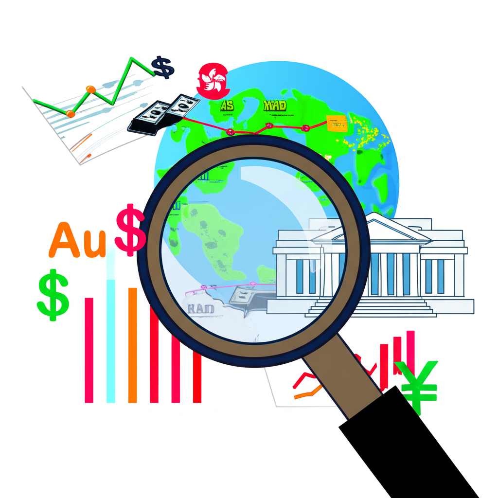 放大鏡檢視經濟指標圖表、聯準會建築、全球衝突區與美元黃金台幣港幣符號，象徵深入分析美元走勢的關鍵因素