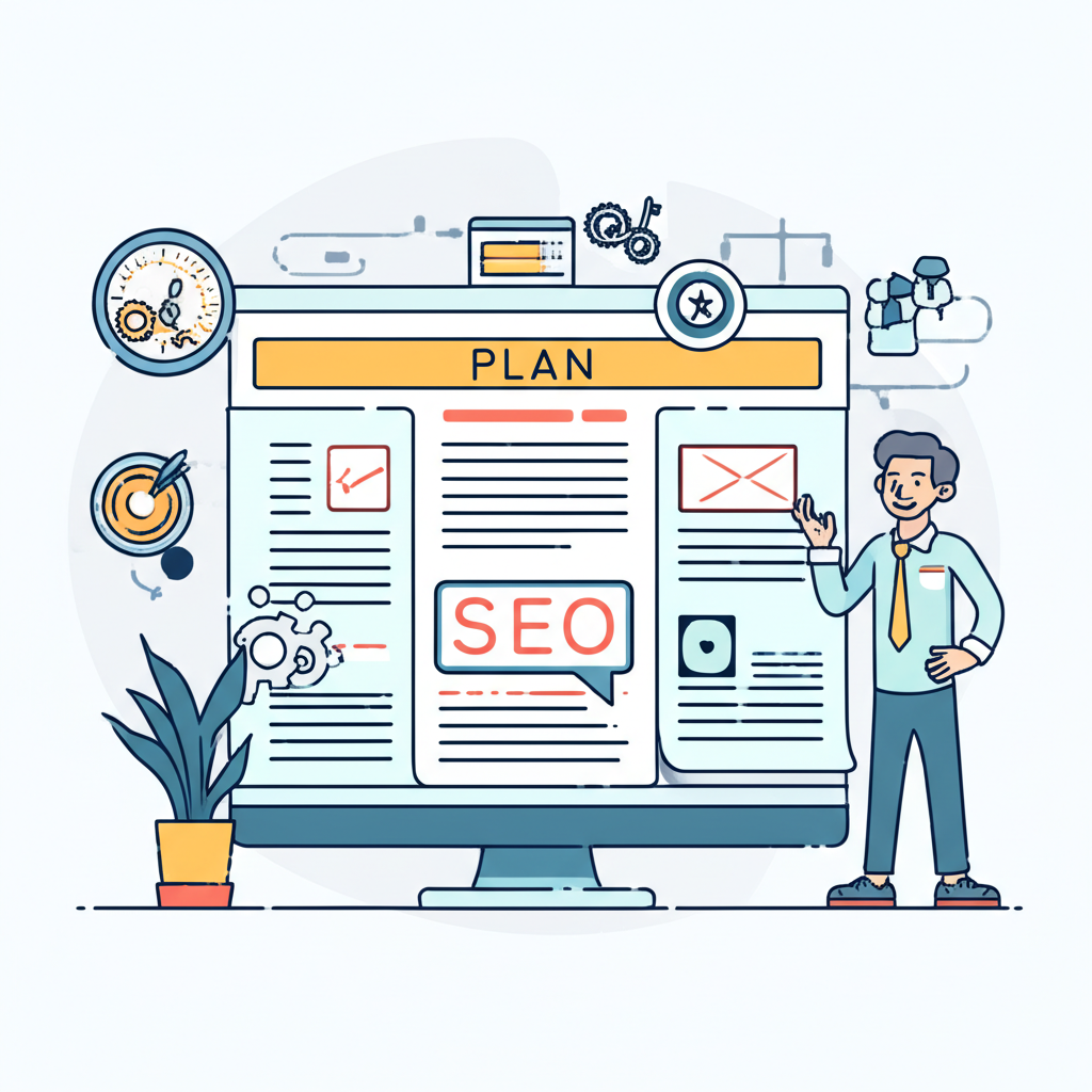 友好的 SEO 內容策略專家呈現清晰計劃的插圖風格