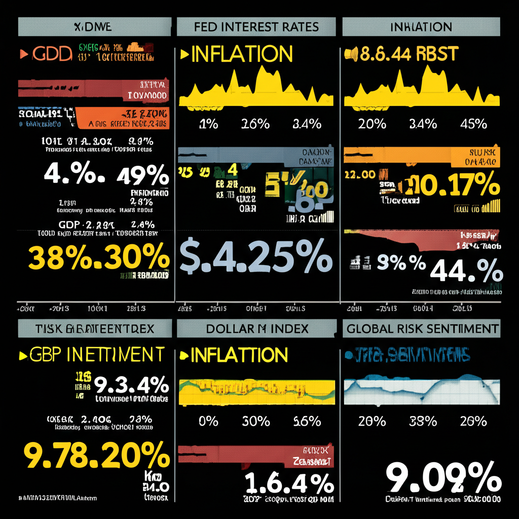 經濟儀表板示意圖,顯示聯準會利率、通膨、GDP與風險情緒等指標趨弱,導致美元指數下滑