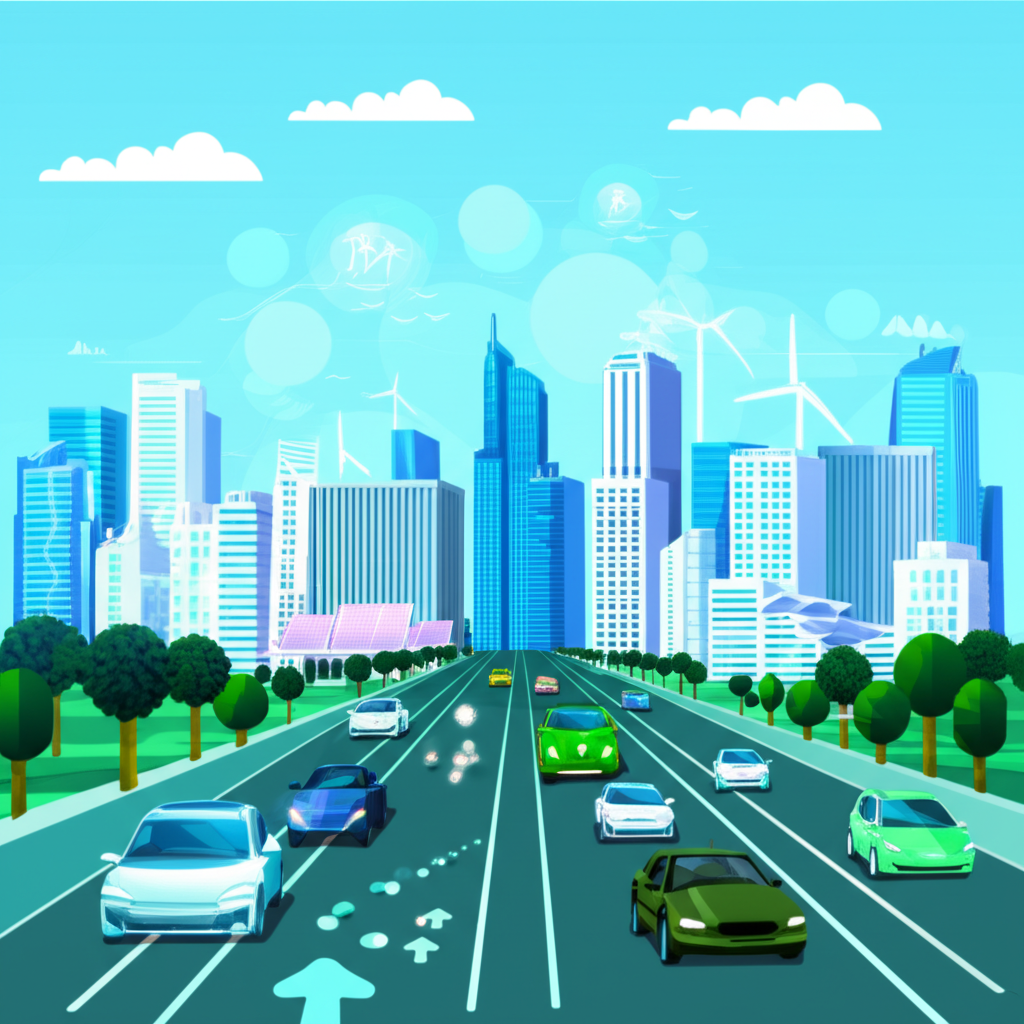未來城市景觀與電動車推動永續交通的插圖