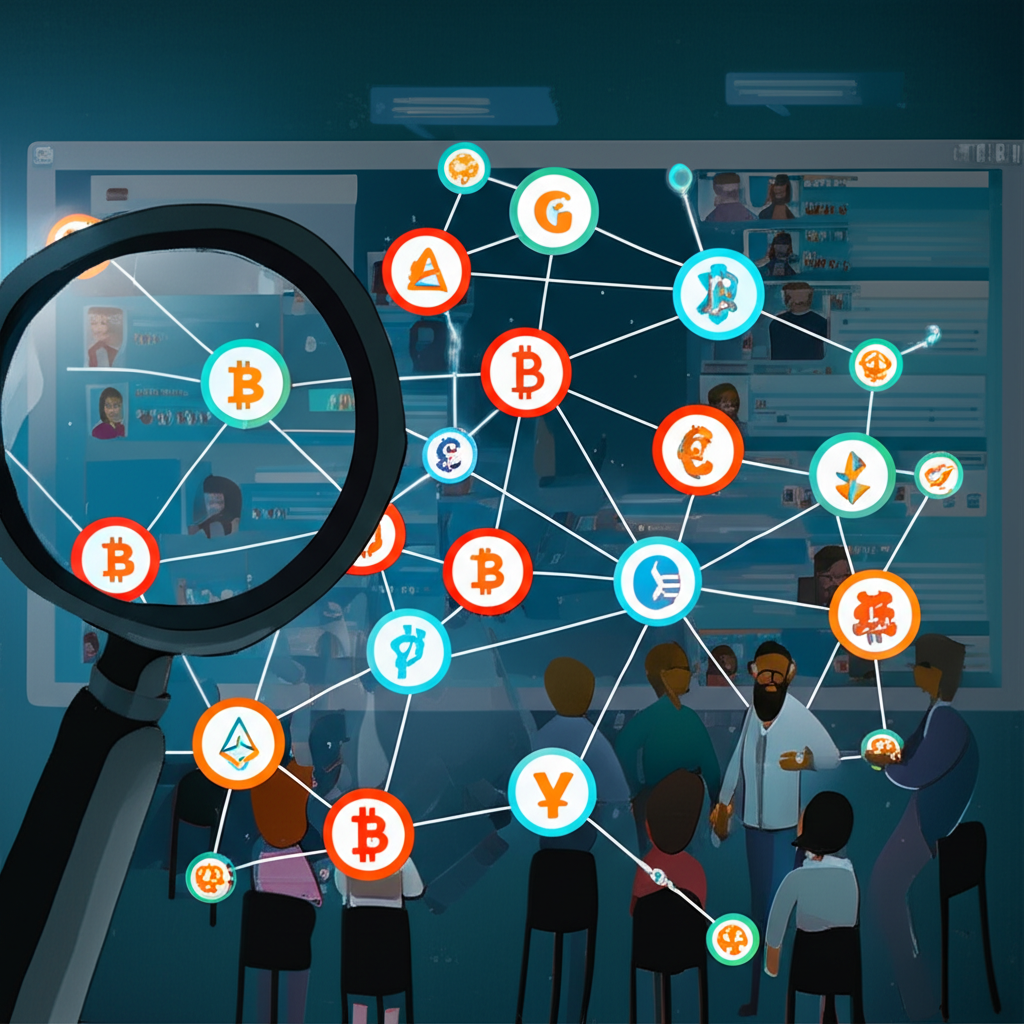 複雜的金融交易網絡與數位貨幣符號交織,放大鏡標示潛在風險,一群人正在論壇上討論自身經驗