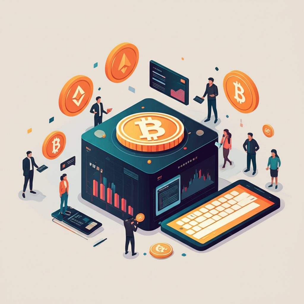 An illustration of a bustling global cryptocurrency exchange with diverse users from over 200 countries actively trading on a secure and innovative platform symbolizing the Peoples Exchange vision established in 2017 by Michael Gan