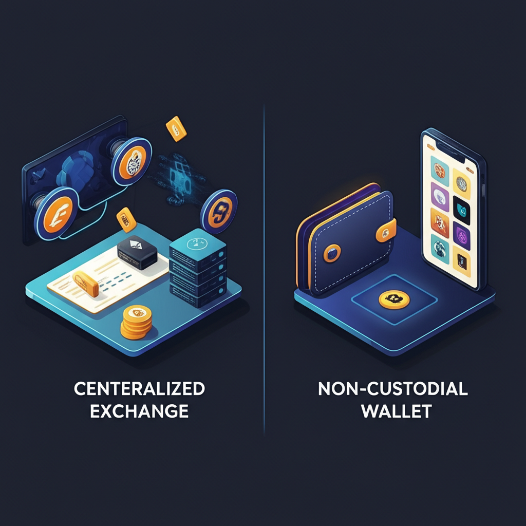示意圖展示兩種加密平台:左為中心化交易所,資產由公司保管;右為非託管錢包,用戶自主掌控私鑰,適用於DApp與NFT交易