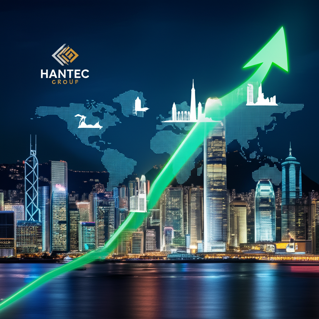 全球金融市場概念圖,顯示亨達集團從香港出發,業務遍及亞洲、歐洲與北美,象徵其國際化擴張歷程