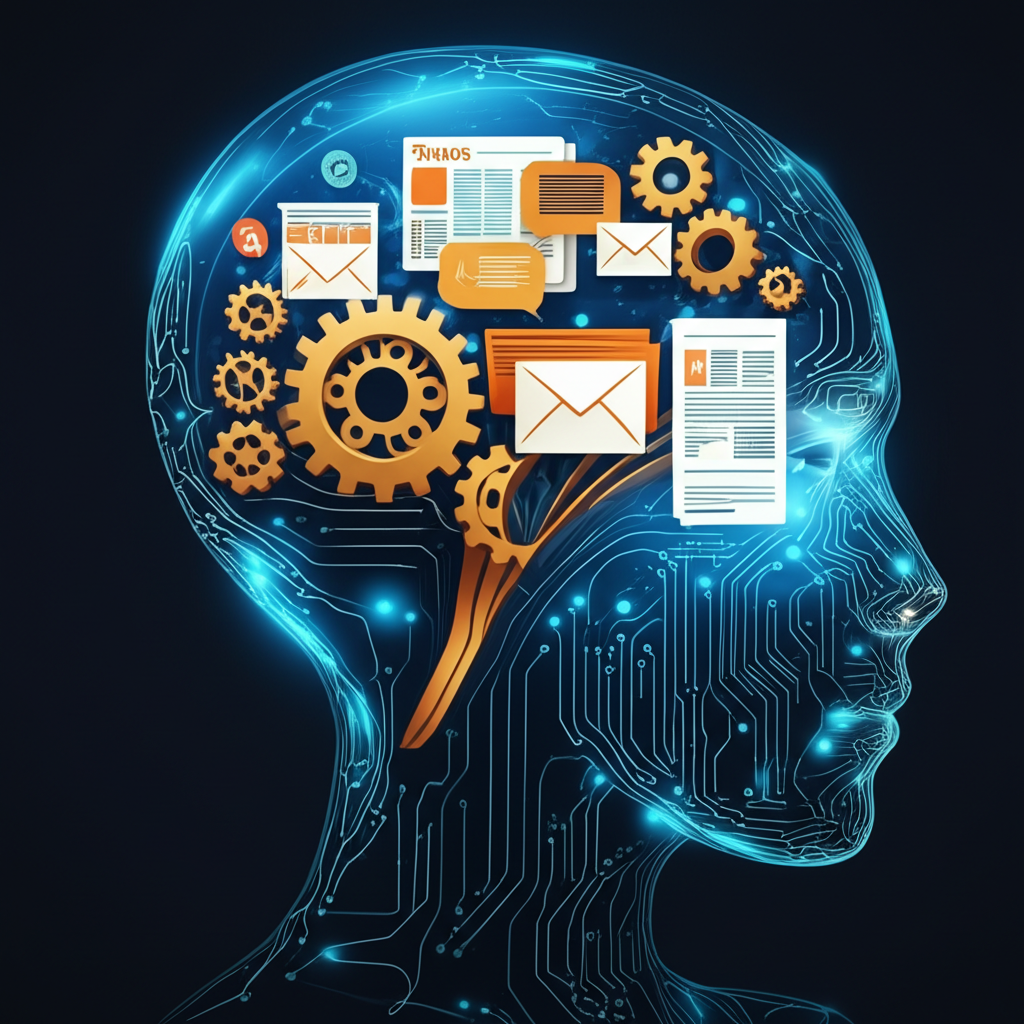 Illustration depicting a large language model brain with gears and circuits generating diverse text content like articles, social posts, and emails, showing efficiency and quality enhancement