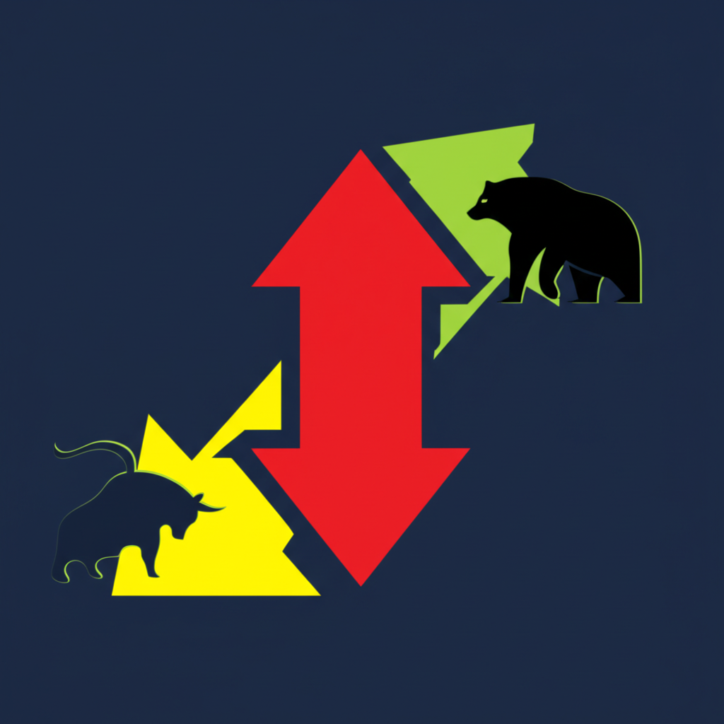 兩支方向相反的箭頭,一支向上帶有牛頭標誌,另一支向下帶有熊頭標誌,象徵多空策略,重點呈現空頭市場操作的對比插圖