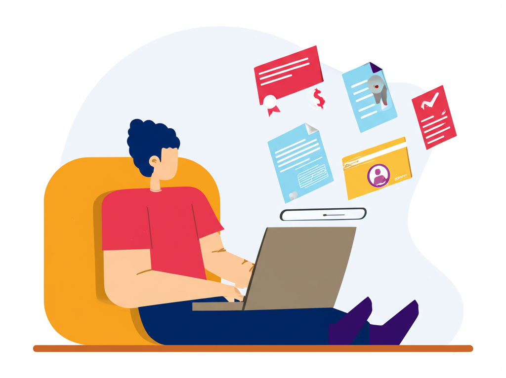 一位人士在家用筆電填寫線上開戶表單，進度條顯示步驟，周圍浮現數位文件，象徵便利與高效