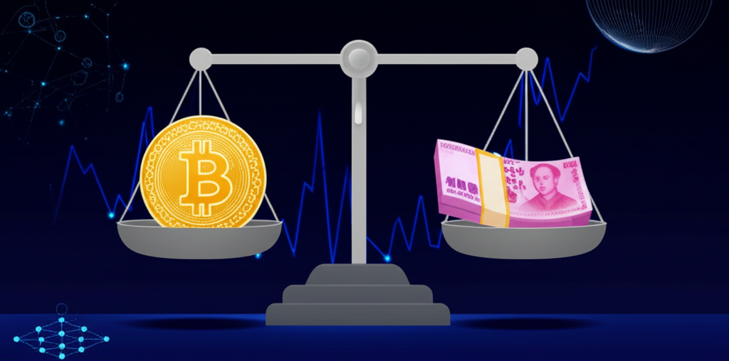 比特幣與台幣在天平上平衡的插圖,背景融入全球金融市場、區塊鏈技術與去中心化符號