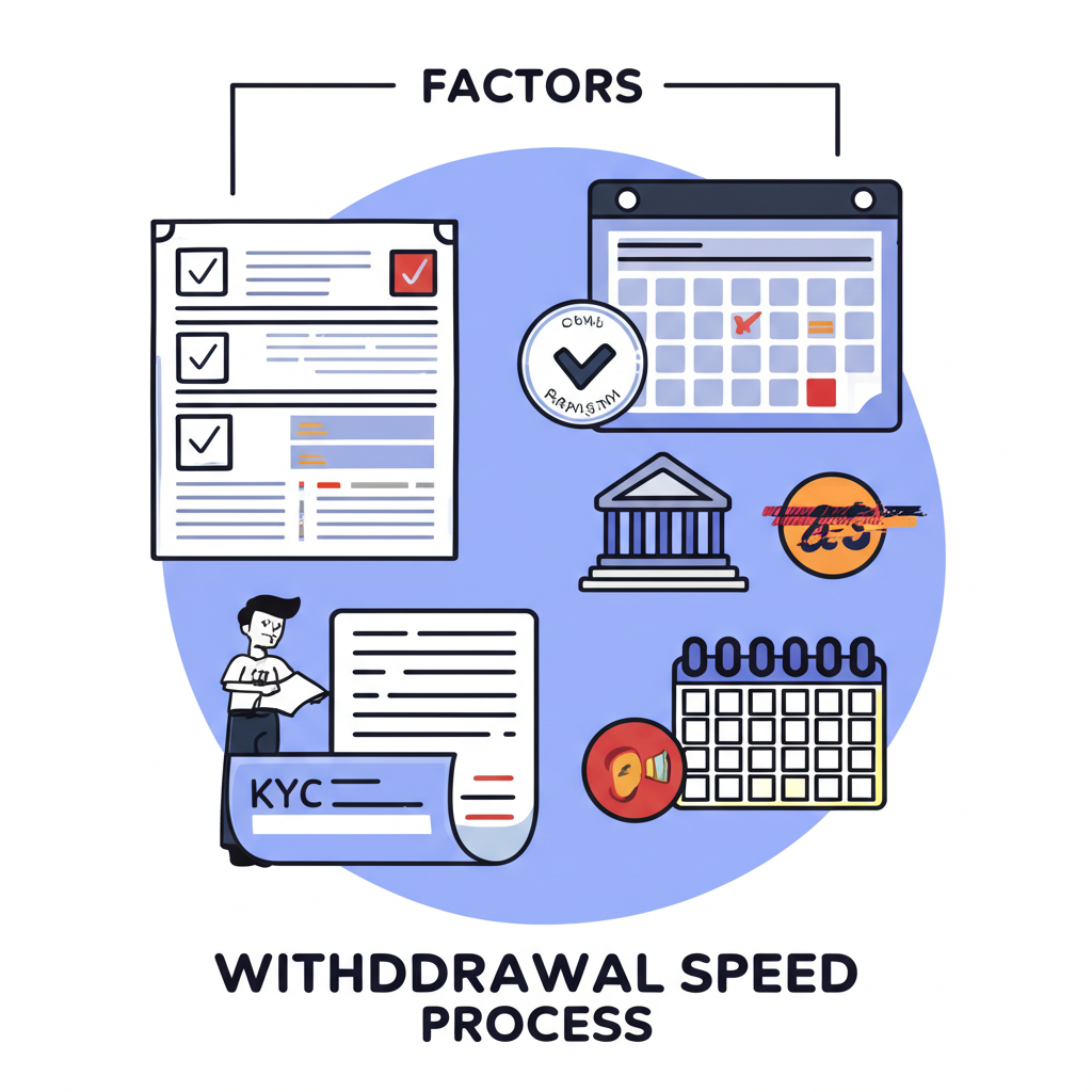 影響Mitrade出金速度的因素圖解,包含KYC驗證、銀行處理與平台審核等環節