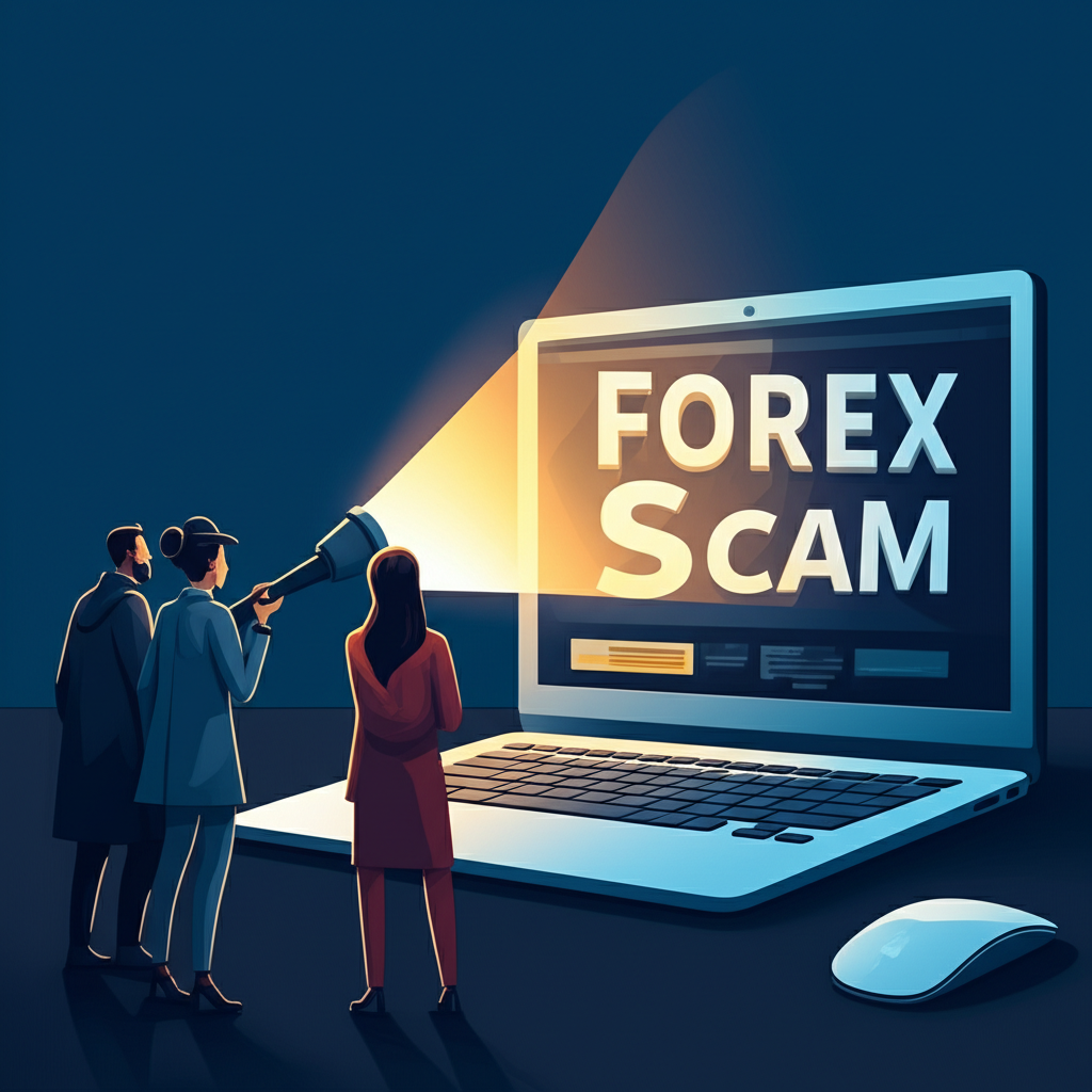 An illustration of a detective shining a flashlight on a hidden scam platform while investors look on cautiously symbolizing the exposure of fraudulent activities in the forex market