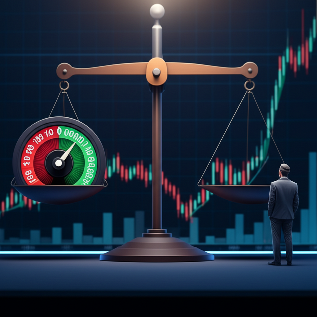 平衡恐懼與貪婪的天平插圖,背景為加密貨幣市場圖表,數字錶盤顯示0到100之間的數值,一位客觀投資人在旁觀察