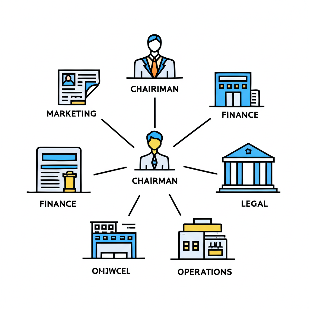 Illustration of SEC's organizational structure with central leadership and departmental offices overseeing financial markets