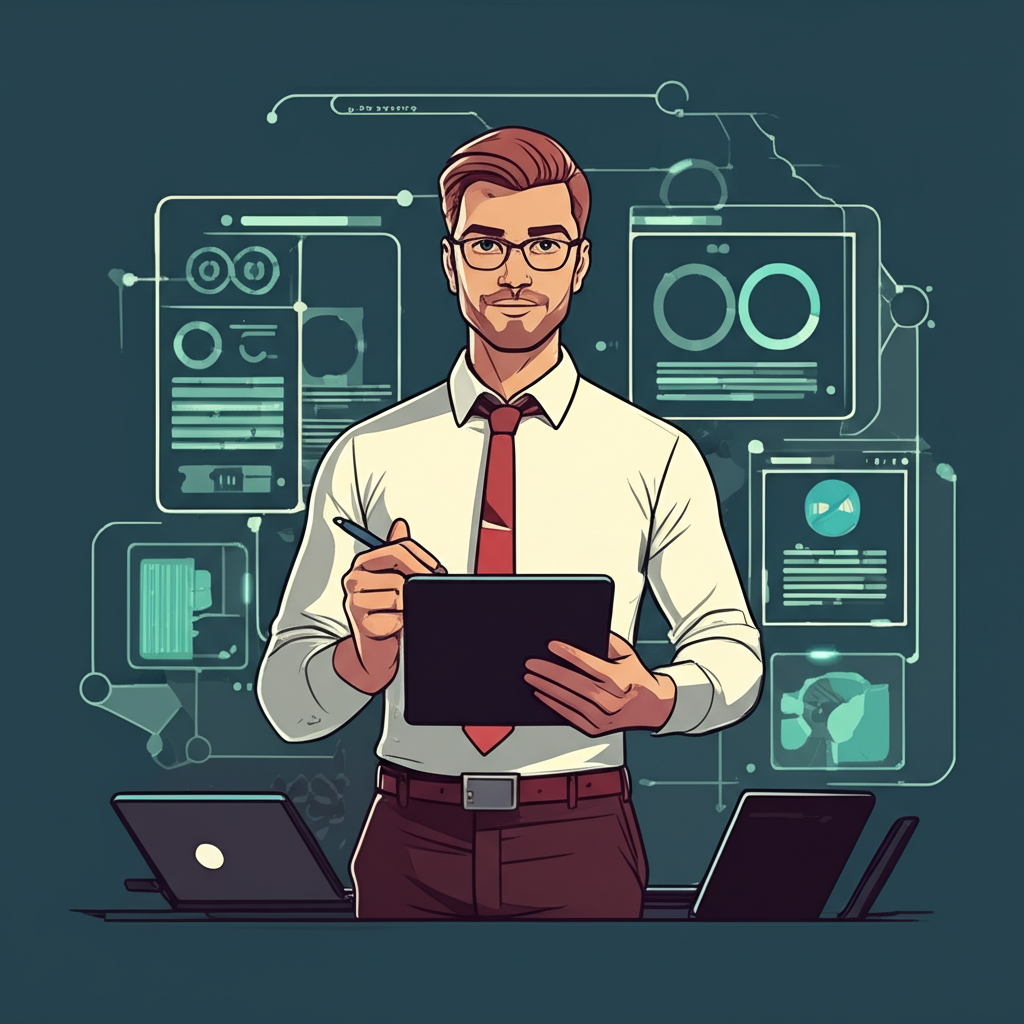 一位勤奮的 SEO 內容策略專家與語意分析師，準備投入工作，背景為數位介面插圖