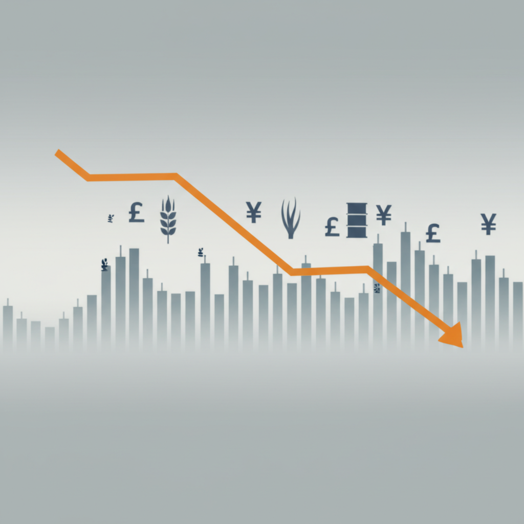 美元指數走勢下滑,全球市場指標變動示意圖,展現貨幣、商品與股市的連動變化